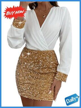 Plus Size Club Night Out Dress Long Mesh Lantern Sleeves Sequin Cuffs V Neck